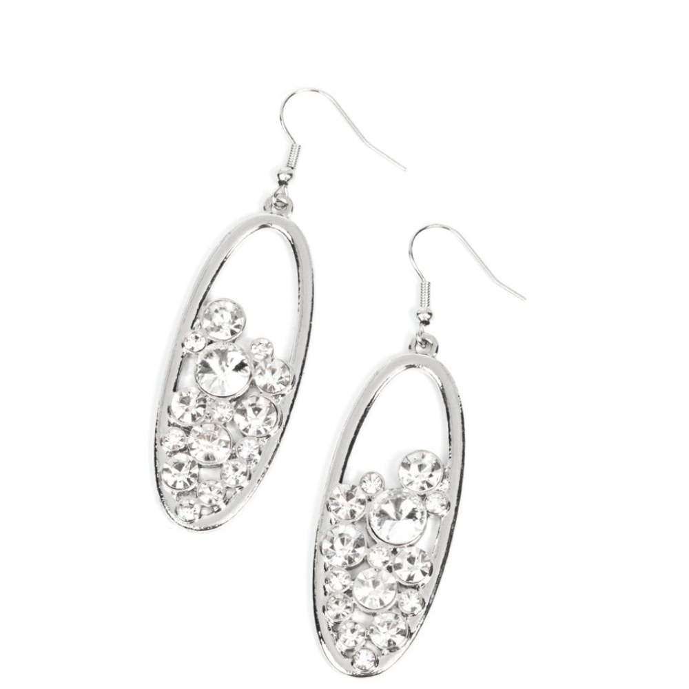 Paparazzi Silver Crystal Pave Earrings Prismatic Poker Face - white - Jewelry